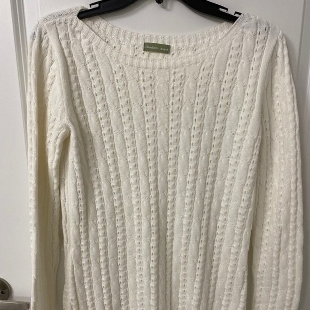 Elizabeth Ascot Italy White Cotton Cable Knit Long Sleeve Boat Neck Sweater M